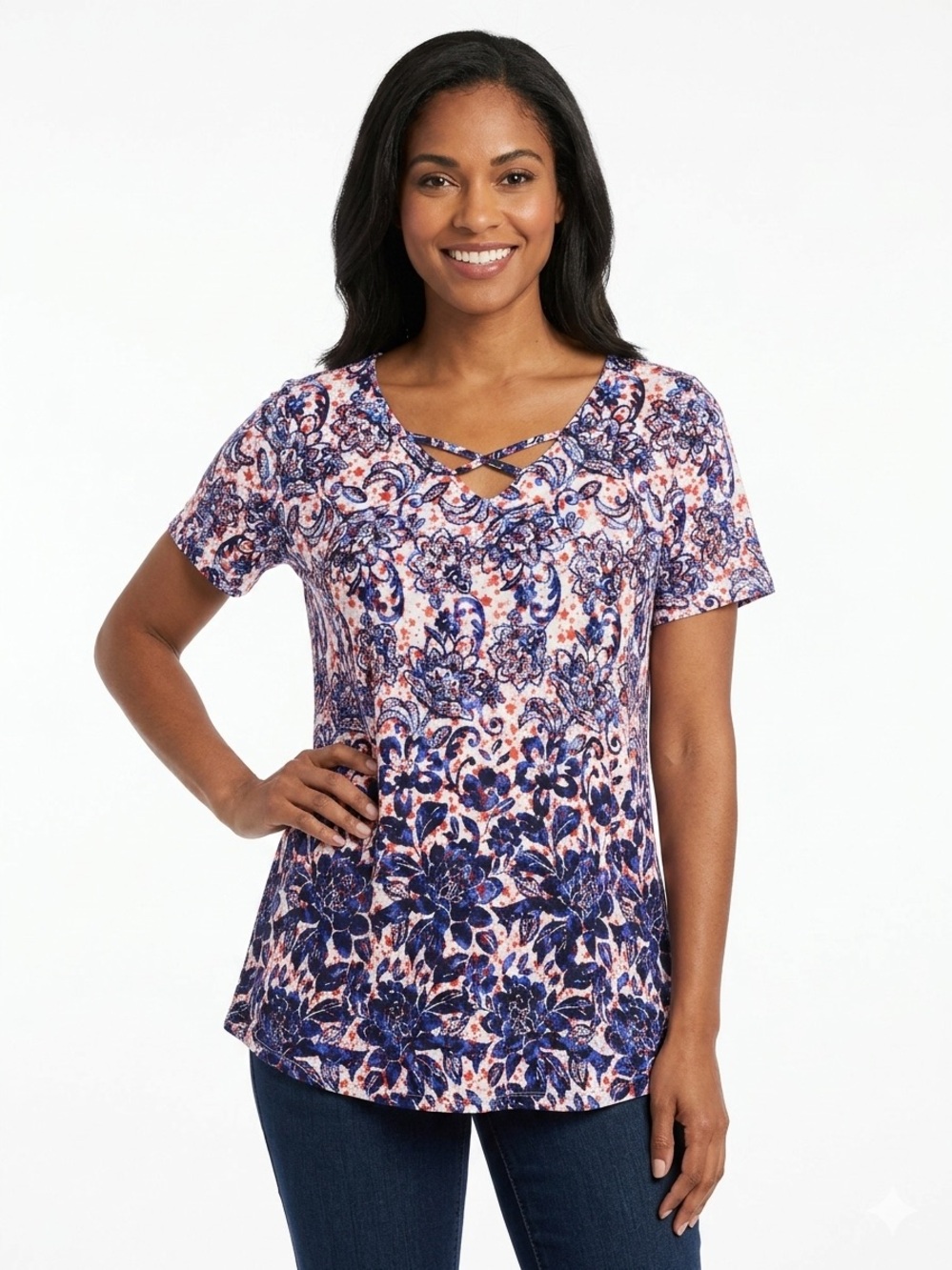 Ruby Rd. NWOT Women’s Blue & White Floral Crisscross Neck T-Shirt Comfy Stretchy